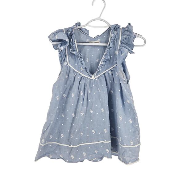 Ulla Johnson Blouse Blue Floral Embroidered Flutter Sleeve Ruffle V-neck Size 2 - Picture 1 of 5
